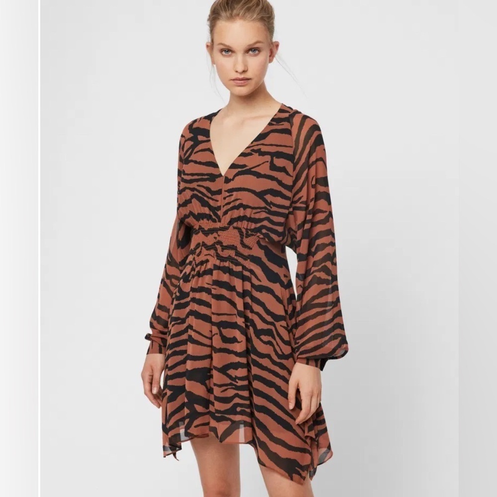 All Saints Brown Nicola Zephyr Zebra Print Dress US M - Picture 3 of 11